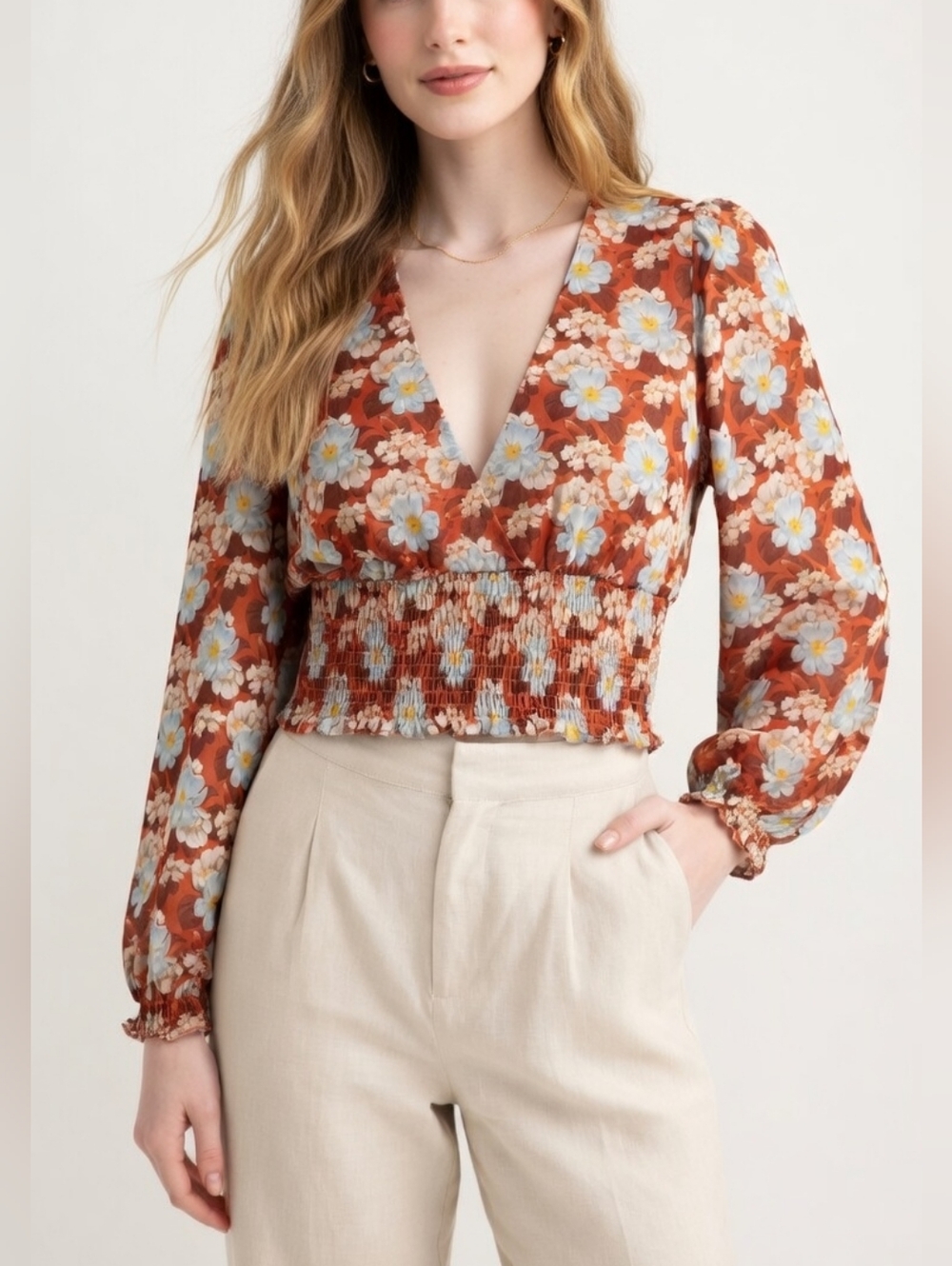 NWOT Wilfred Aritzia Floral Long Sleeve Crop Top - Blush Blue - Size XS 🌹